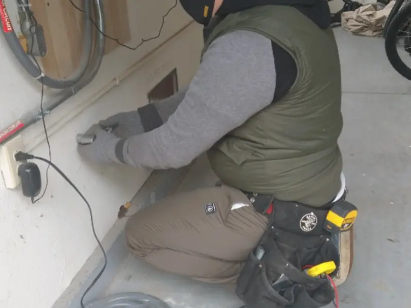 Electrician performing outlet wiring in a Hampden garage